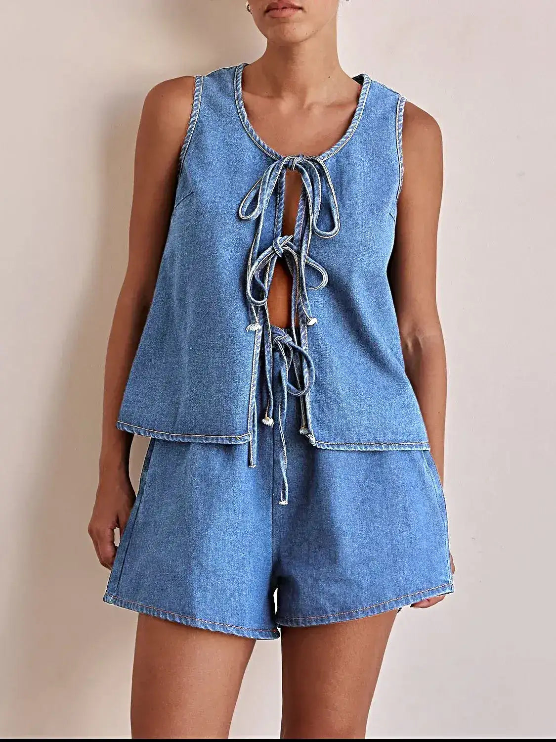 Tie Front Vest and Shorts Denim Set -