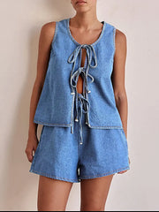 Tie Front Vest and Shorts Denim Set -