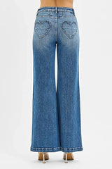RISEN High Rise Wide Leg Jenas with Front Yoke and Heart Back Pocket -