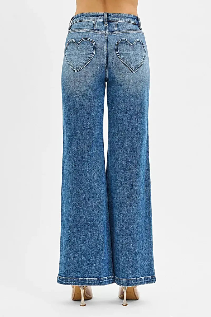 RISEN High Rise Wide Leg Jenas with Front Yoke and Heart Back Pocket -