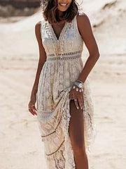 Lace V-Neck Sleeveless Maxi Dress -