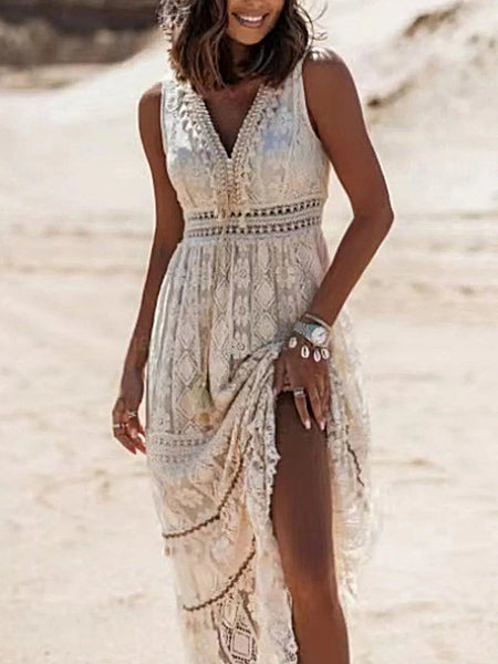 Lace V-Neck Sleeveless Maxi Dress -