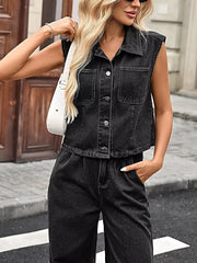 Button Up Vest and Jeans Denim Set -