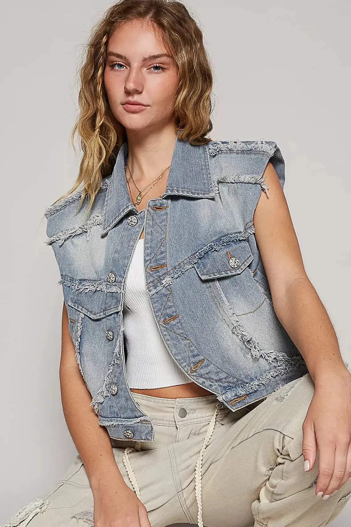 POL Assymetrical Front Closure Raw Hem Denim Vest -