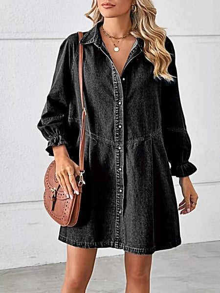 Button Down Ruffle Cuff Denim Dress -