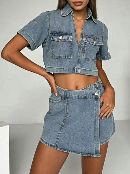 Short Sleeve Cropped Top and Skort Denim Set -