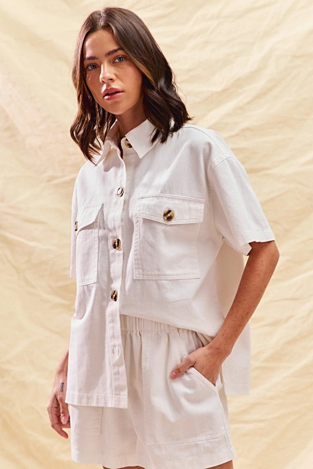 Chic Casual Spring Outfit: SO ME Button Down Denim Shirt and Shorts Set by Trendsi -