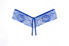 Tallulah Open Panty, Delicate scalloped lace open panty with rhinestone strap trim in Blue - Panty
