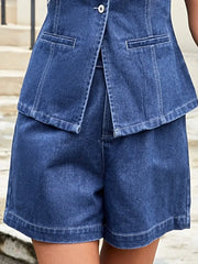 Button Down Vest and Shorts Denim Set -
