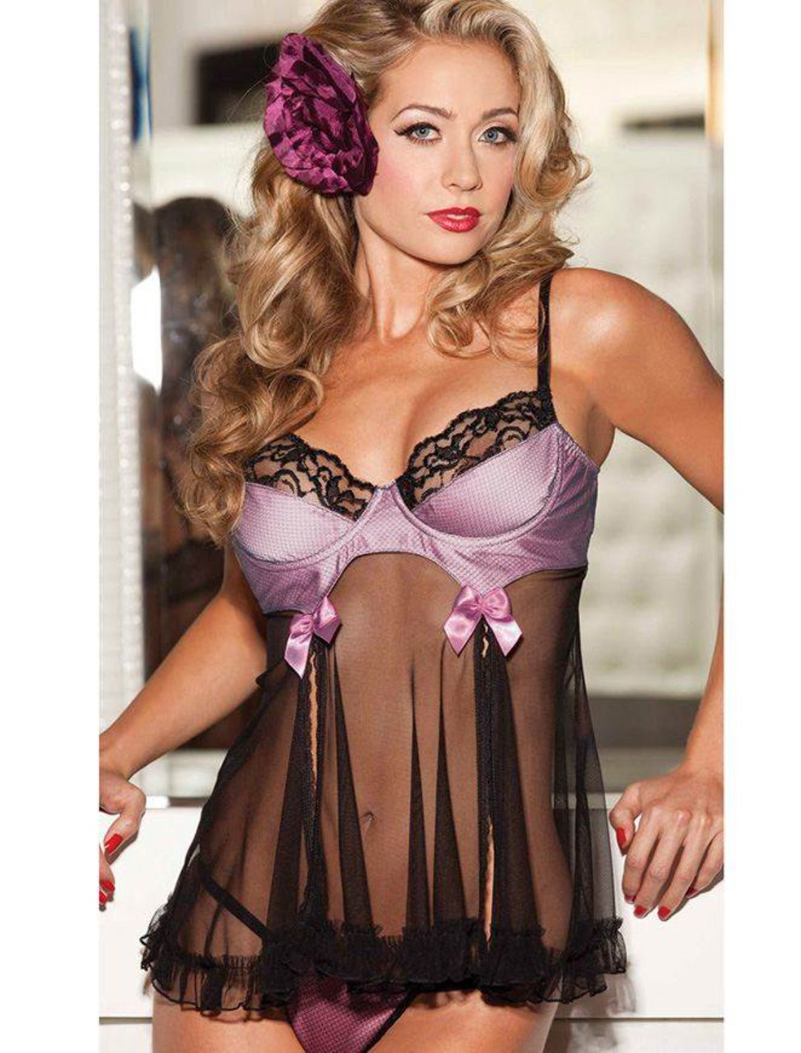 Elegantly styled purple satin babydoll with sheer mesh and lace-trimmed cups, perfect for luxurious intimate wear.