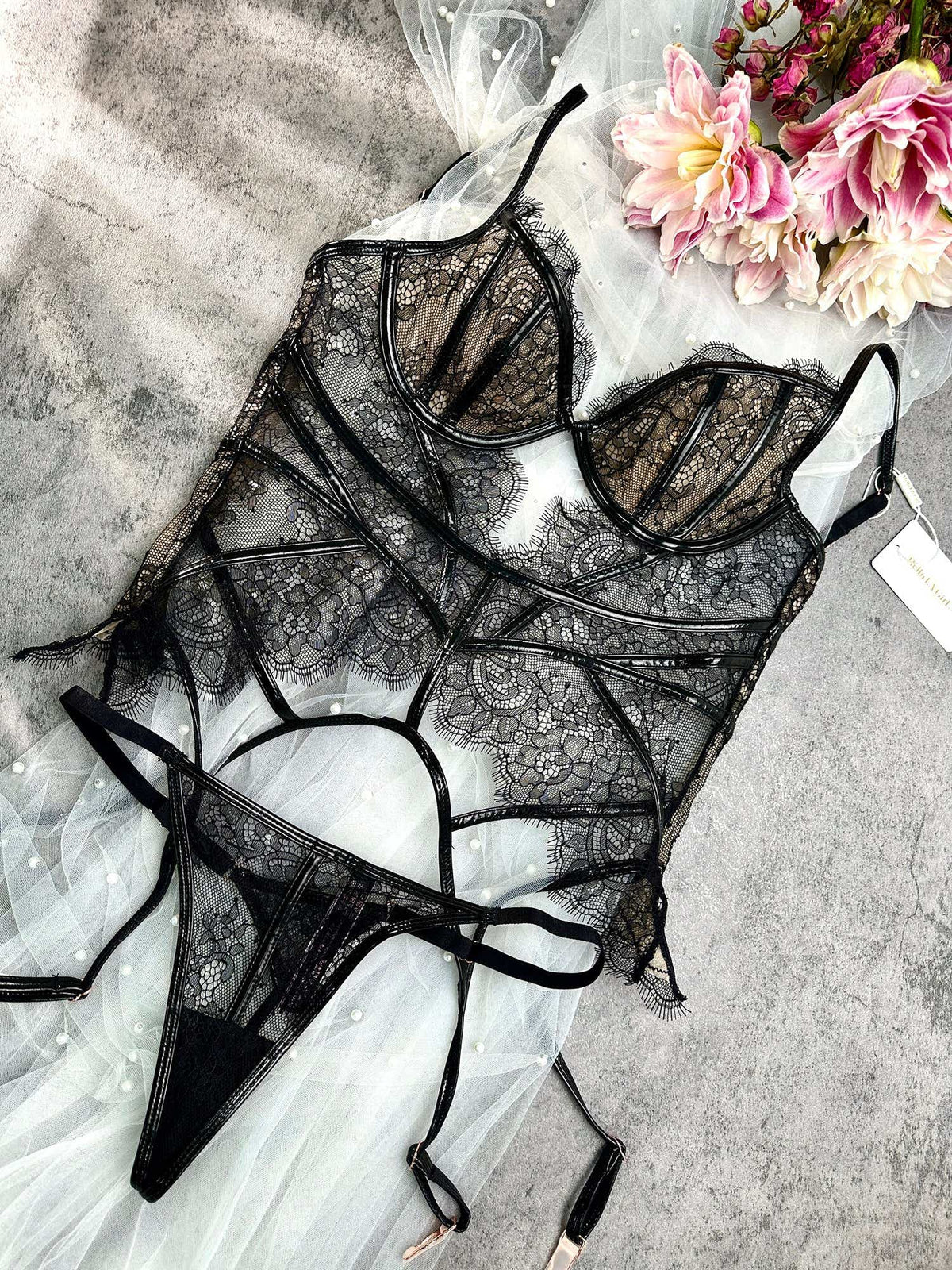 Seductive Black Patent Leather Lingerie Set - 2 pcs set