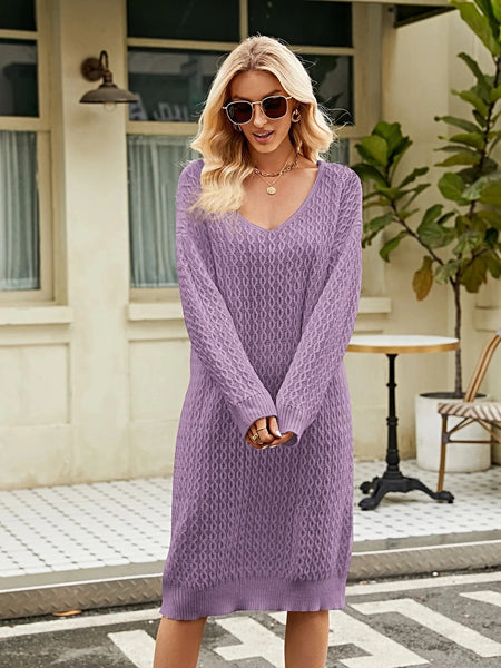 V-Neck Long Sleeve Sweater Dress -