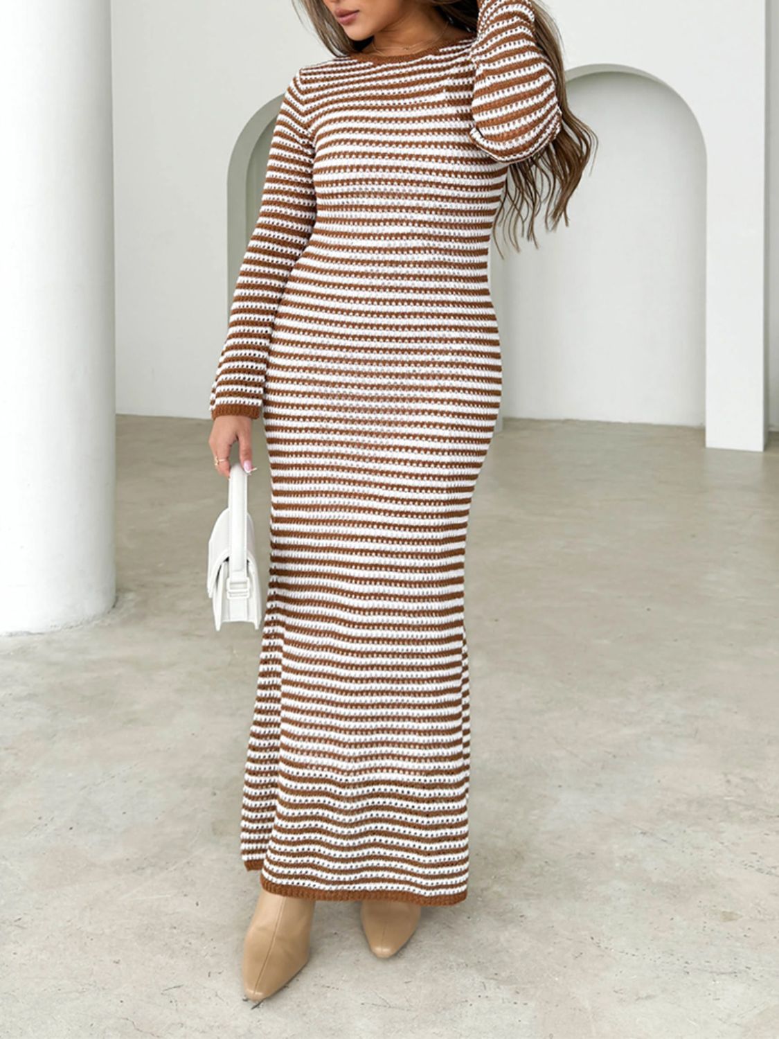 Devine Tied Round Neck Striped Sweater Dress