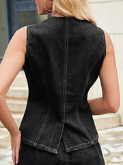 Button Down Vest and Shorts Denim Set -
