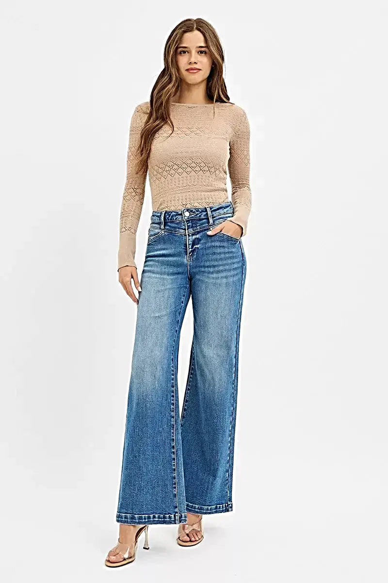 RISEN High Rise Wide Leg Jenas with Front Yoke and Heart Back Pocket -