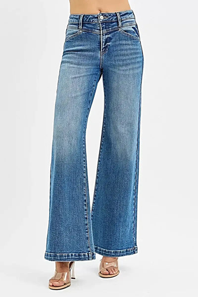 RISEN High Rise Wide Leg Jenas with Front Yoke and Heart Back Pocket -