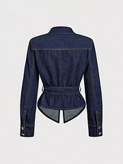Tie Waist Long Sleeve Denim Jacket -
