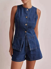 Button Down Vest and Shorts Denim Set -