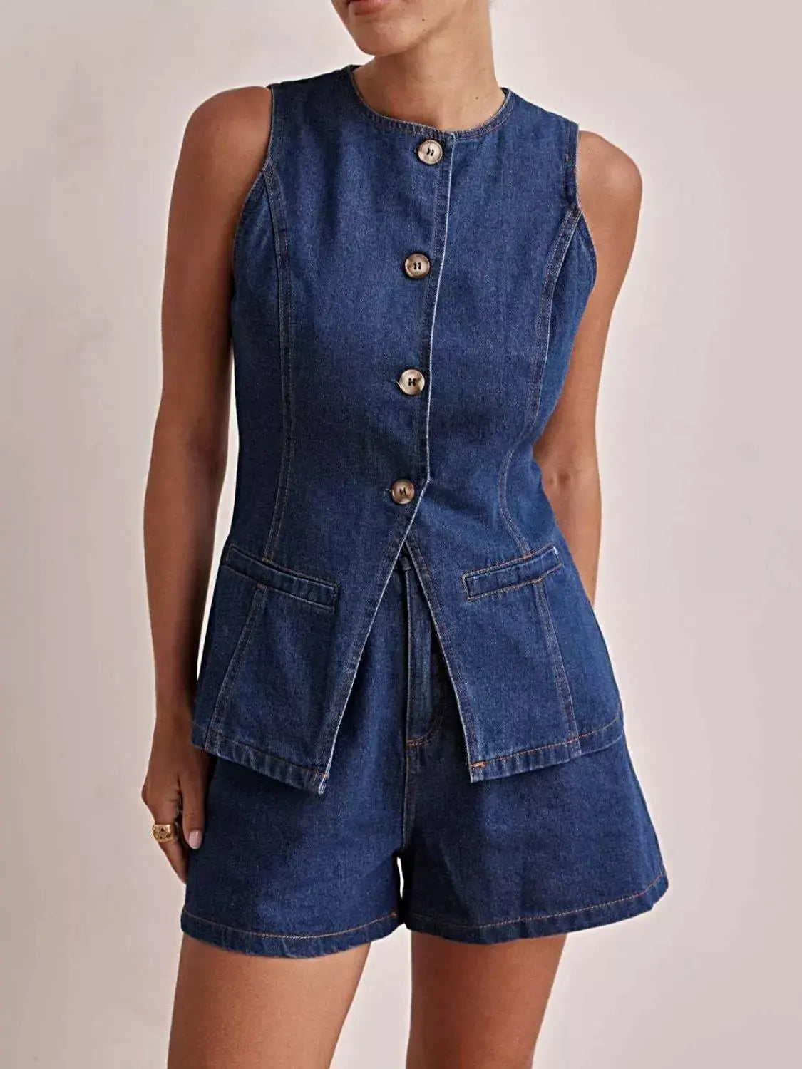 Button Down Vest and Shorts Denim Set -