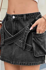 Criss-Cross Waist Detail Denim Mini Skirt -