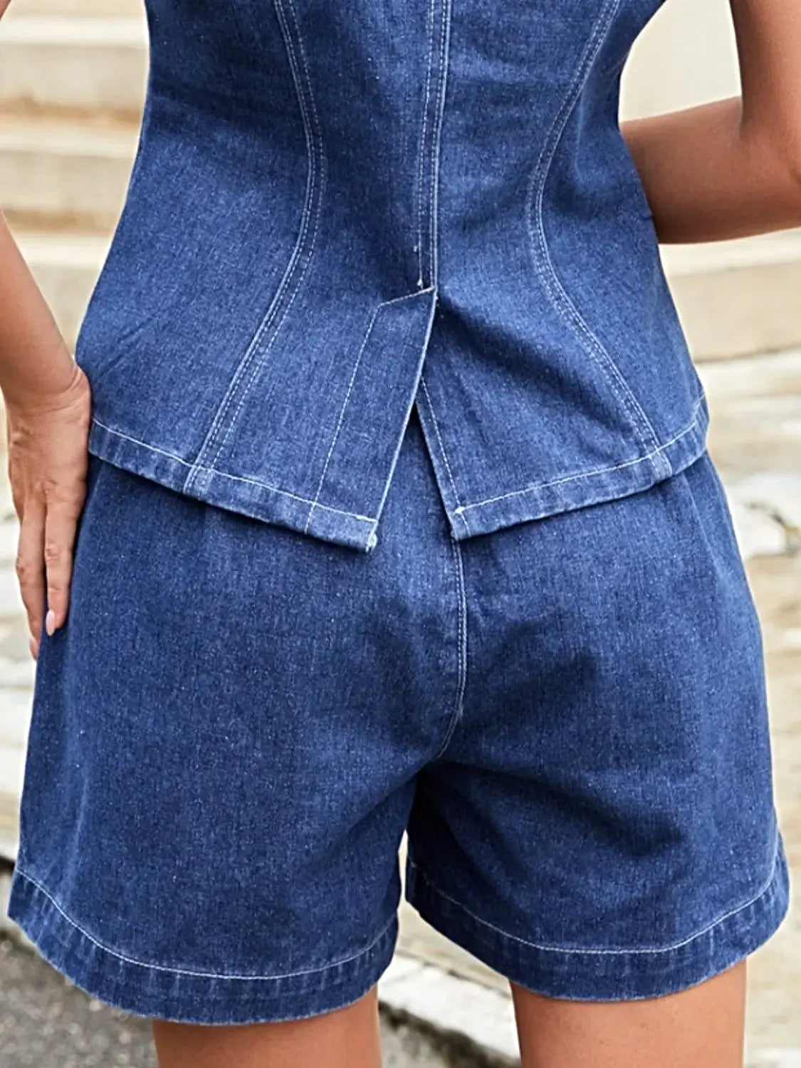 Button Down Vest and Shorts Denim Set -
