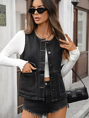 Chic Denim Button Vest with Pockets - Slightly Stretchy, Premium Rayon Blend