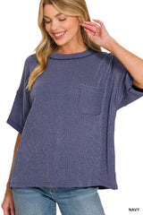 Zenana Raised Rib Short Sleeve Front Pocket Top -