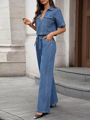 Short Sleeve Top and Drawstring Pants Denim Set -