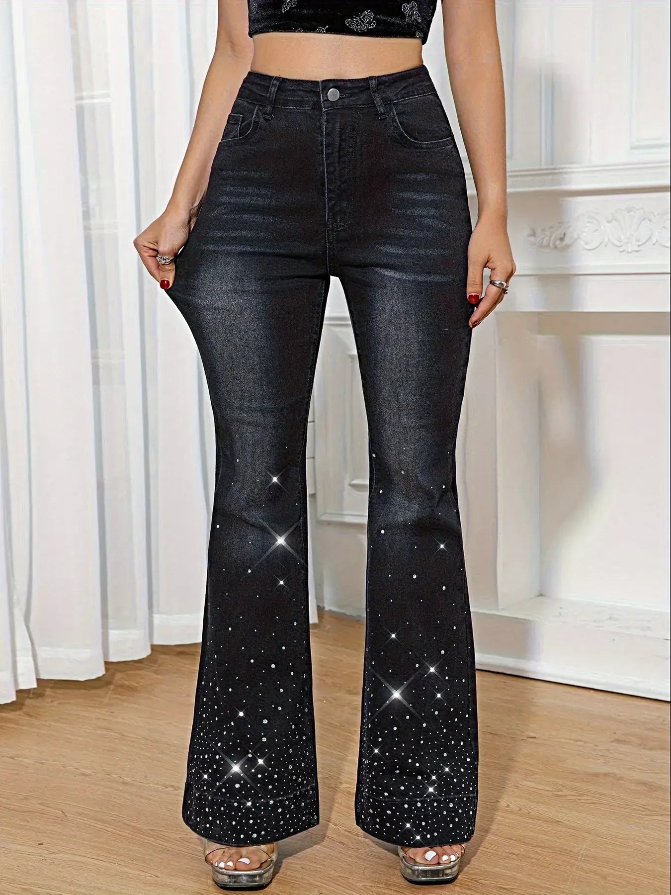 Rhinestone Embellished Flare Leg Jeans -