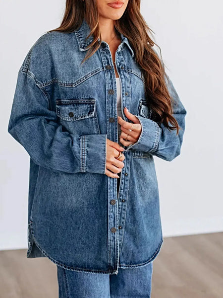 Snap Down Dropped Shoulder Denim Jacket -