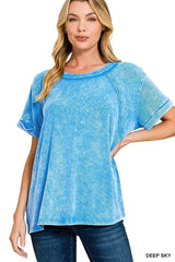 Zenana Washed Ribbed Cuffed Short Sleeve Round Neck Top -