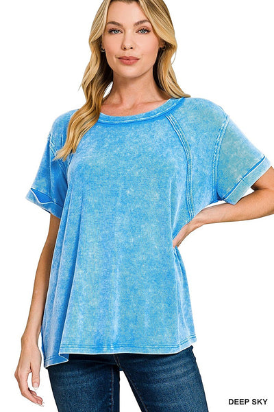 Zenana Washed Ribbed Cuffed Short Sleeve Round Neck Top -