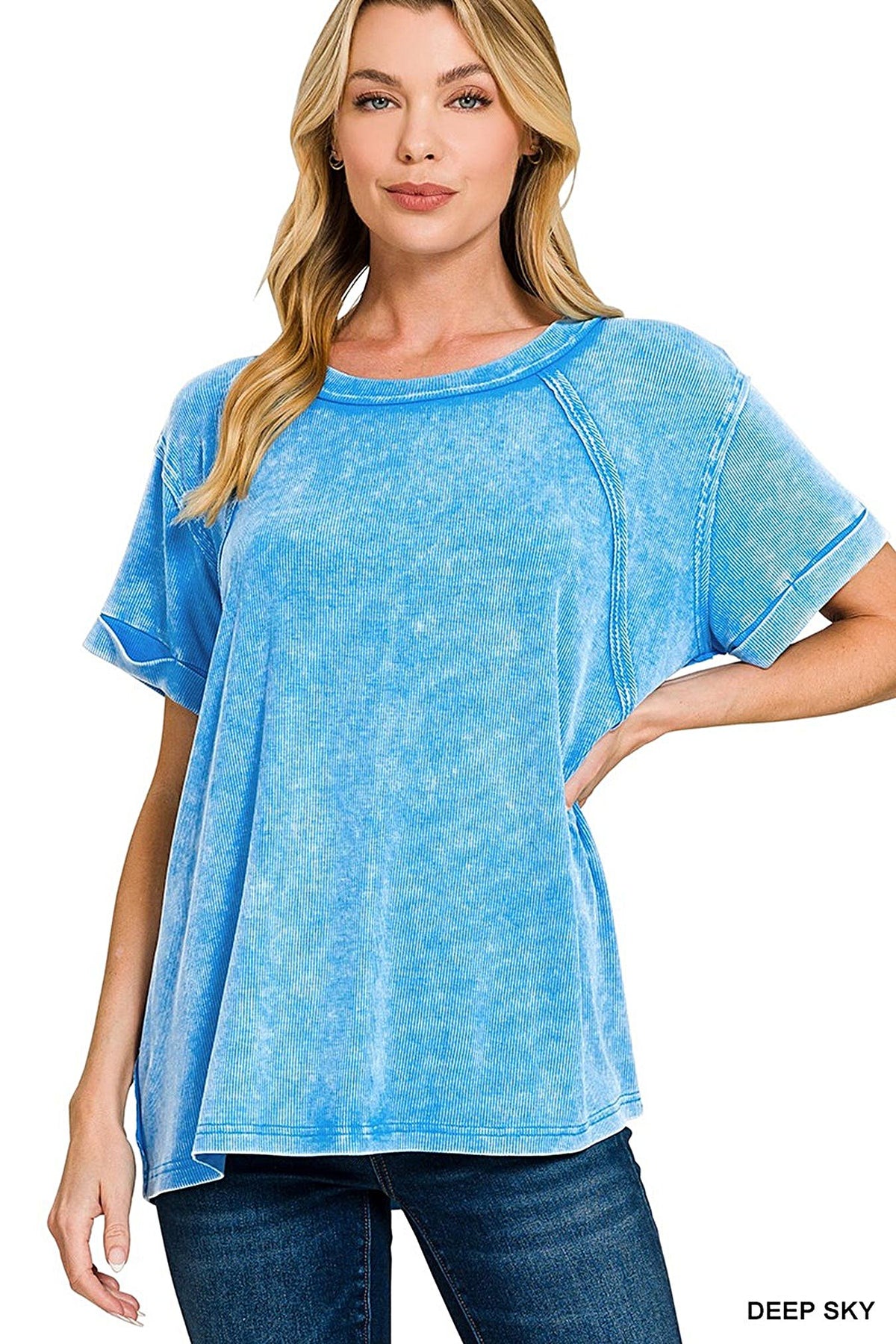 Zenana Washed Ribbed Cuffed Short Sleeve Round Neck Top -