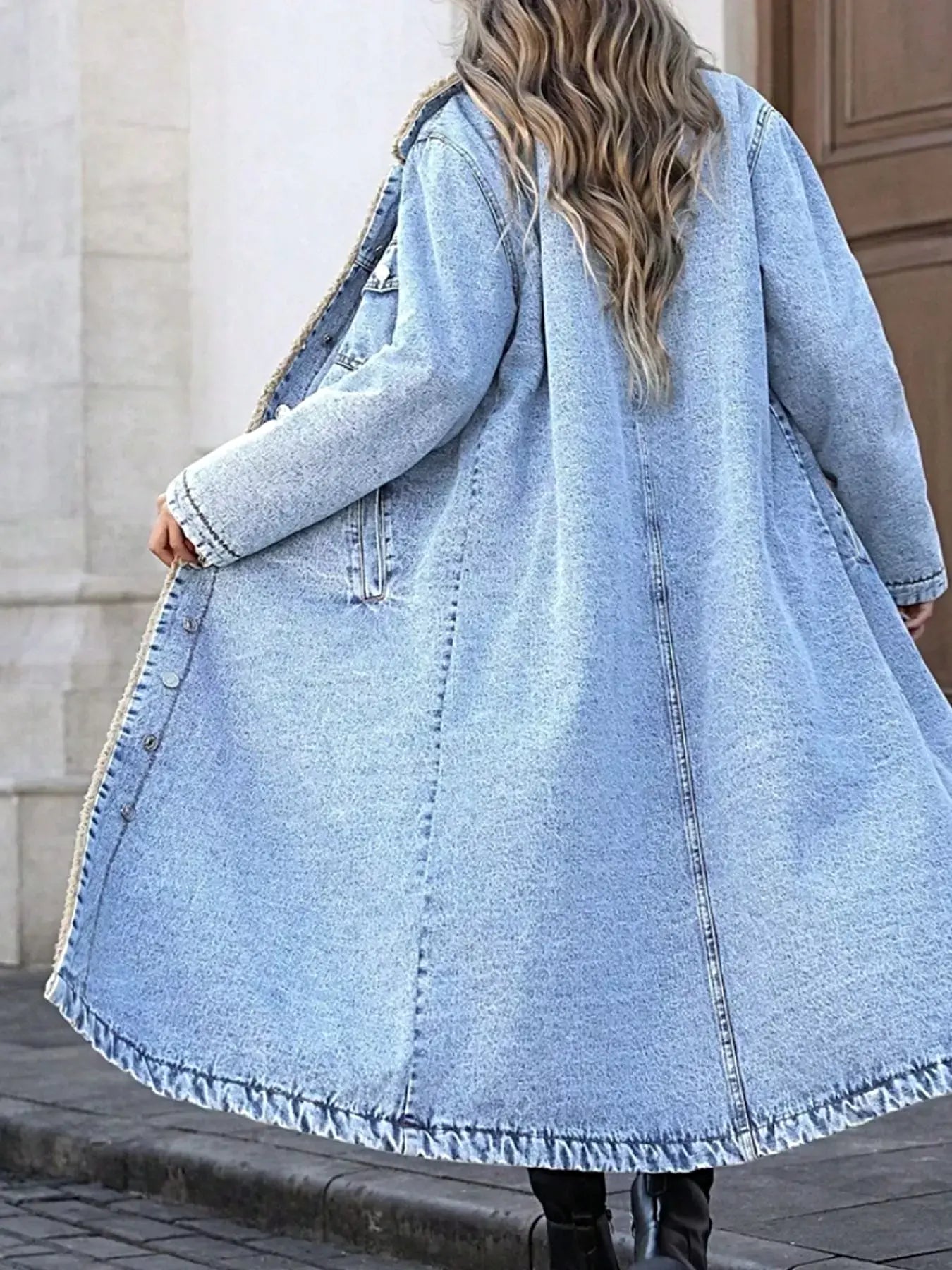 Sherpa Lined Longline Denim Jacket -