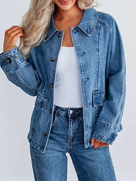 Button Up Raglan Sleeve Denim Jacket -