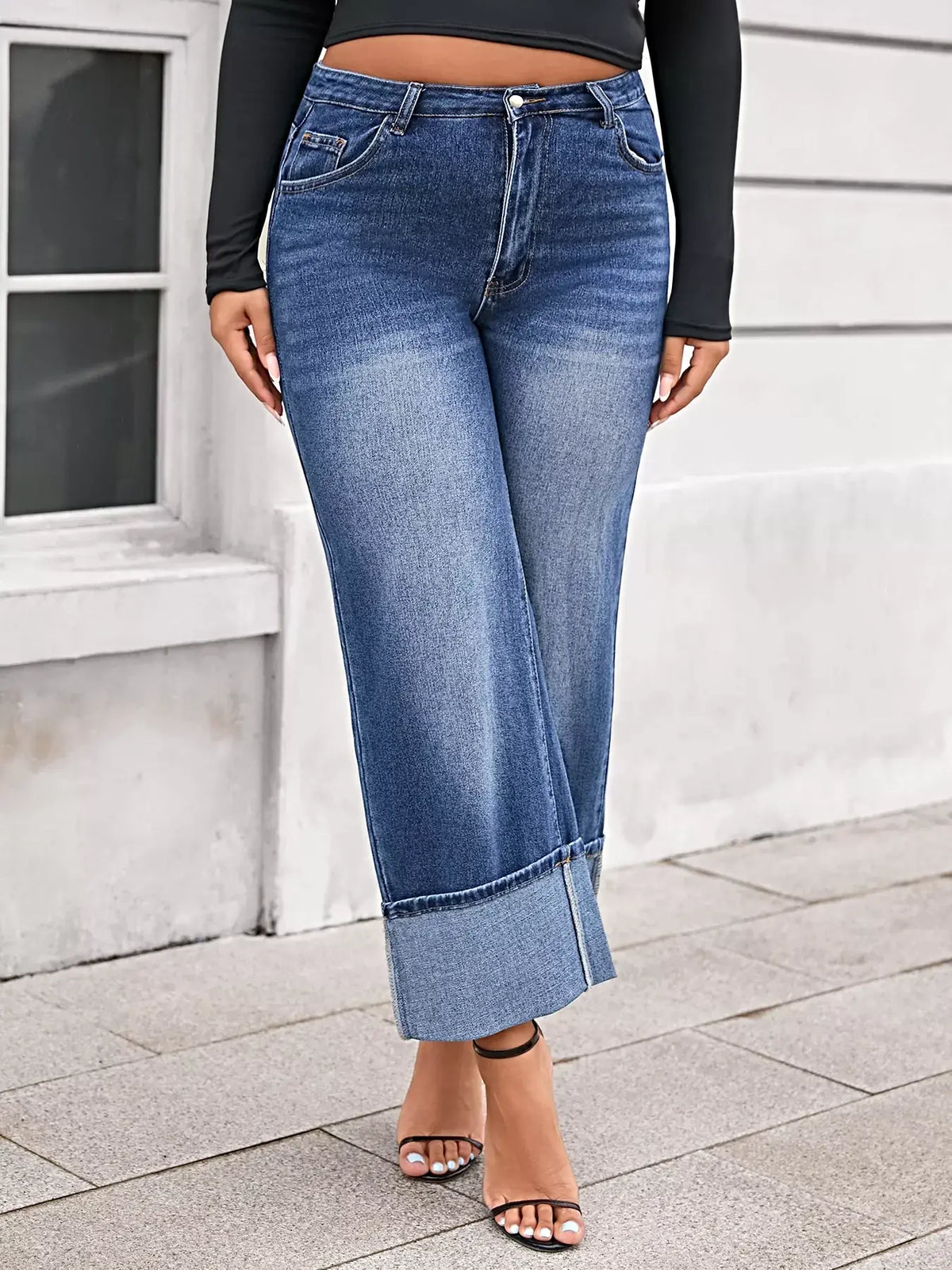 Plus Size High Waist Cuffed Wide Leg Jeans -