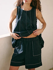 Casual Contrast Stitch Denim Tank Top and Shorts Set -