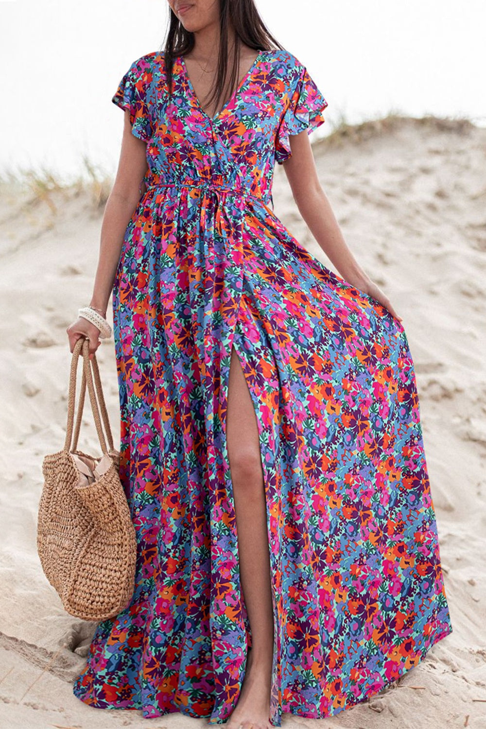 Slit Printed Cap Sleeve Maxi Dress