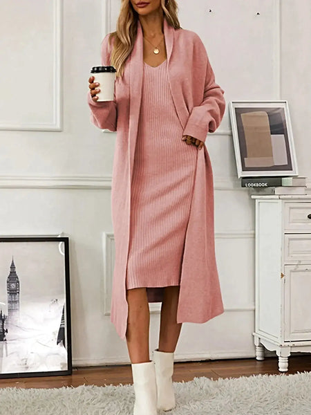 V-Neck Cami Dress and Open Front Cardigan Sweater Set -