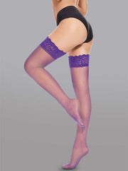 Elegant 15 Denier Thigh-High Lace Stockings with floral design captured elegantly, designed for style and comfort.
