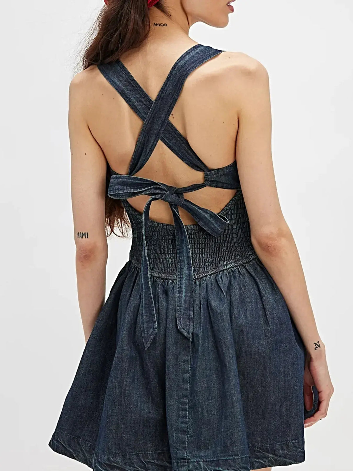 Smocked Crisscross Back Denim Mini Dress -