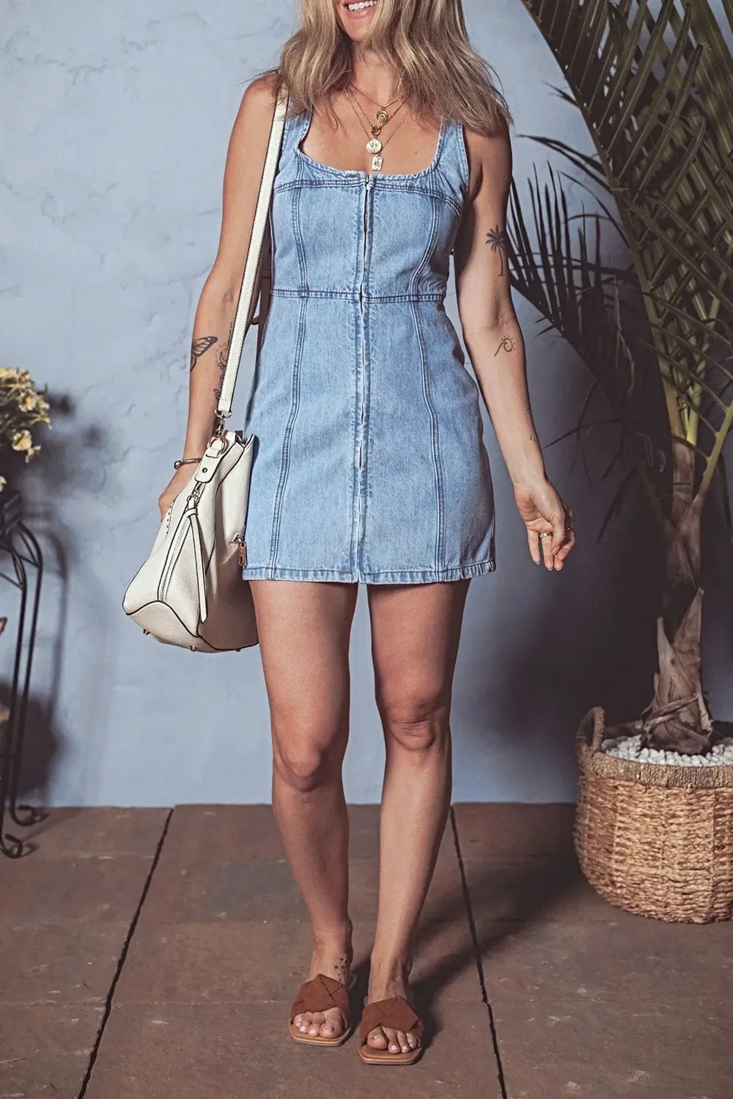 Square Neck Wide Strap Denim Dress -