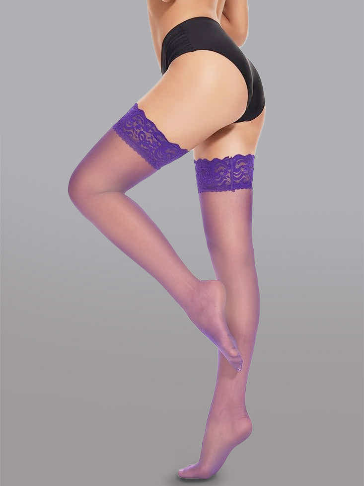 Elegant 15 Denier Thigh-High Lace Stockings with floral design captured elegantly, designed for style and comfort.