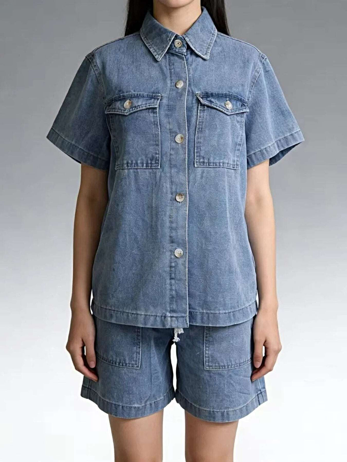 Button Up Short Sleeve Top and Shorts Denim Set -