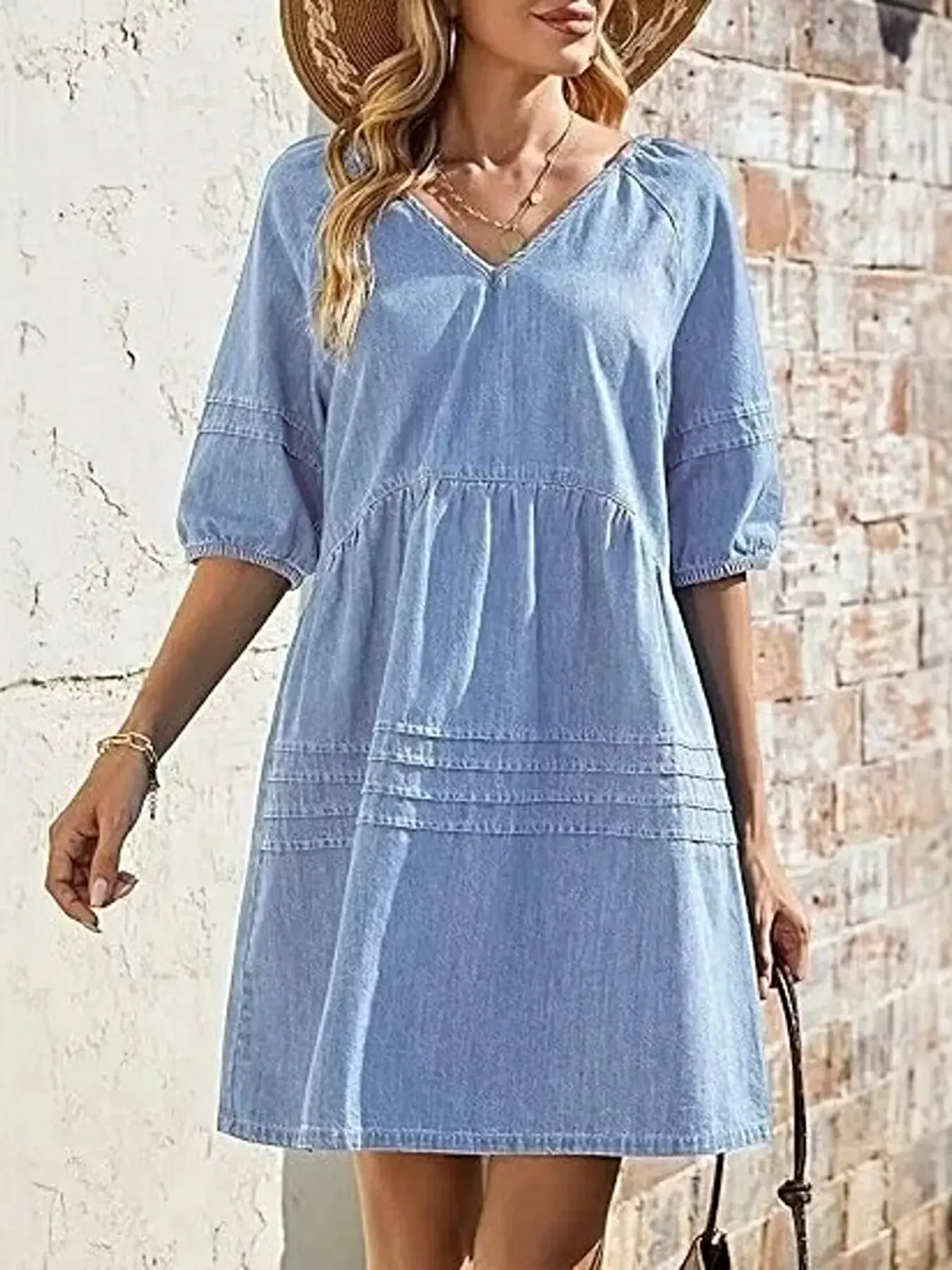 Casual V-Neck Puff Sleeve Denim Mini Dress -