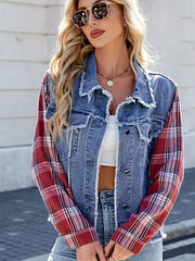 Raw Hem Plaid Sleeve Denim Jacket -