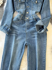 Button Front Wide Leg Denim Jumpsuit -