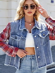 Raw Hem Plaid Sleeve Denim Jacket -
