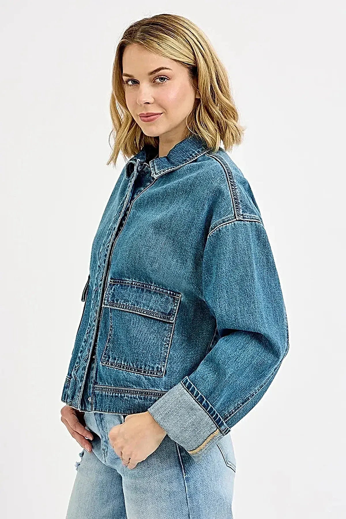 RISEN Oversized Cargo Pocket Denim Jacket with Cuffed Sleeves -