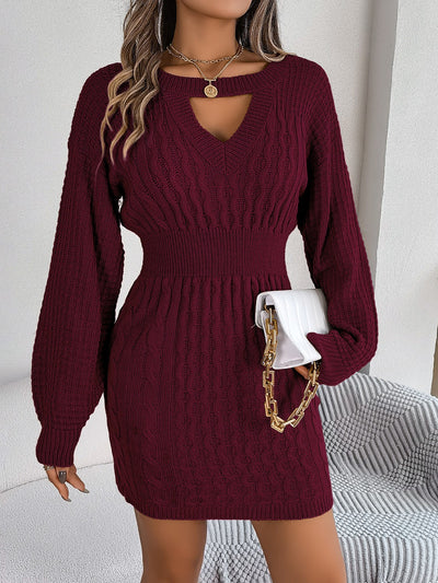 Cable-Knit Cutout Round Neck Slit Sweater Dress